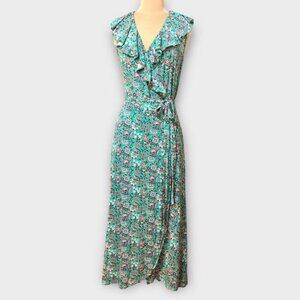 Boden Floral Print Wrap Dress US 8R Green Multi V Neck Jersey Ruffle Maxi